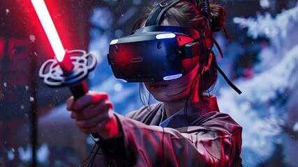 Aufkleber - A person in a futuristic outfit actively participates in a virtual reality gaming experience, holding a glowing sword while surrounded by vibrant, immersive visuals.