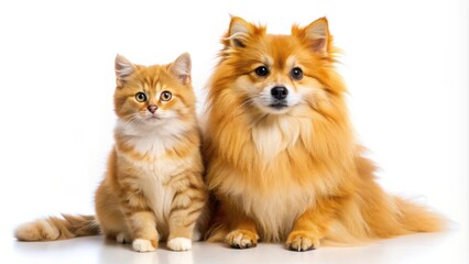 Wall Mural - An adorable orange cat and fluffy spitz dog posing together, isolated on white background