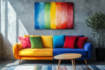 Wall Mural - A modern living room featuring a colorful multicolored sofa against a stylish concrete wall, creating a vibrant yet minimalist atmosphere