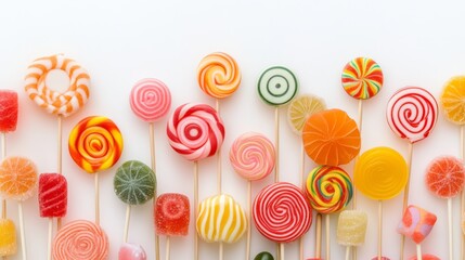 A vibrant array of colorful lollipops arranged in a whimsical pattern on a white background, showcasing a variety of shapes and flavors