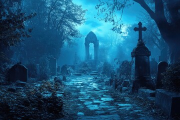 Wall Mural - A Mysterious Pathway Through a Foggy Graveyard at Night