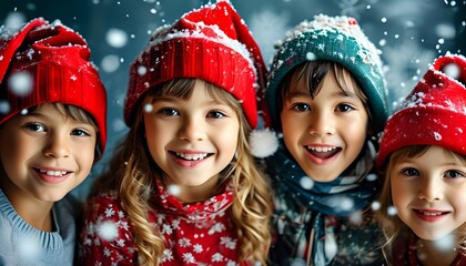 Joyful multicultural children in Santa hats celebrating Christmas with falling snowflakes, embodying holiday cheer and winter joy in a vibrant banner design