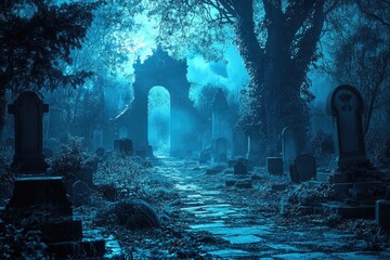 Poster - A Pathway Through a Foggy, Blue-Lit Cemetery