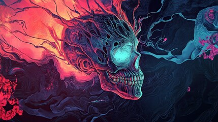 Wall Mural - A skull with glowing eyes and a blue background. The skull is surrounded by a blue and red swirl