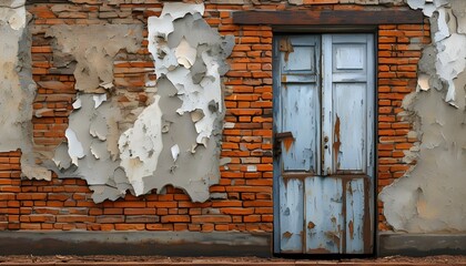 Wall Mural - Weathered 19th Century Brick Facade with Peeling Plaster and Rustic Iron Flooring