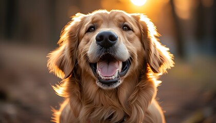 Golden Retriever Grinning in Sunlight, Capturing Canine Joy and Playfulness