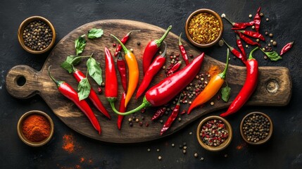 A vibrant assortment of fresh chili peppers arranged on a wooden cutting board, alongside a selection of spices and seasonings in small bowls.