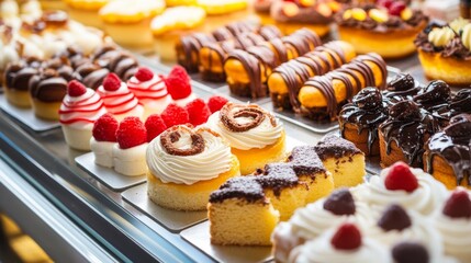Poster - A vibrant assortment of pastries and cakes in a bakery display case, highlighting the variety and appeal of sweet treats.
