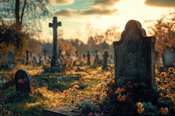 Wall Mural - A Blank Gravestone in a Cemetery at Sunset