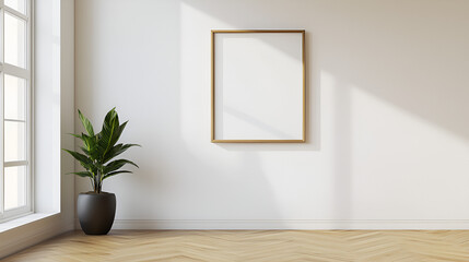 3D render Modern interiors empty room .plant vase. floor parquet. photo frame , isolated on white or transparent background