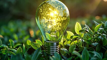 Poster - The green light bulb is nestled among vibrant green leaves, reflecting sunlight and highlighting a theme of eco-friendliness and sustainable energy.