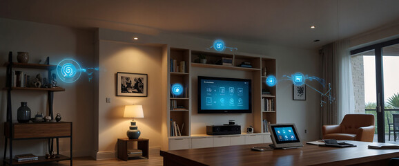 Wall Mural - illustrate the concept of the Internet of Things with an image of a smart home, featuring various connected devices and appliances, shot from a low angle with a wide-angle lens