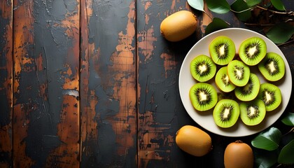 Vibrant Kiwi Fruit Arrangement on Table with Vertical Layout and Space for Text