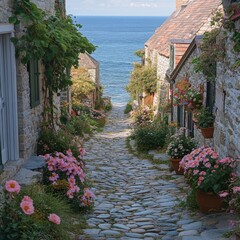 Canvas Print - Cobblestone Street Leading to the Sea