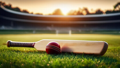 cricket ball and bat on grass, hyper realistic, object centralized, 4k quality 92880