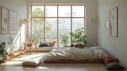 Sticker - Modern Minimalist Bedroom with Natural Light and Greenery