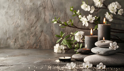 Wall Mural - Composition of burning candles, spa stones and flowers on table. Space for text