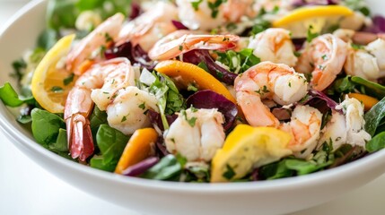 Poster - A vibrant seafood salad with mixed greens, shrimp, and crab meat, dressed with a light vinaigrette, displayed on a white background