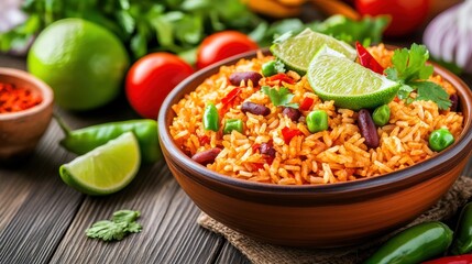 A vibrant bowl of seasoned rice topped with lime, herbs, and colorful vegetables, surrounded by fresh ingredients.