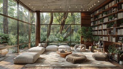 Wall Mural - Modern Library with a View of Lush Greenery