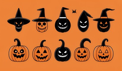 Halloween icons a pumpkin, ghost, bat, witch hat, black cat, and spider