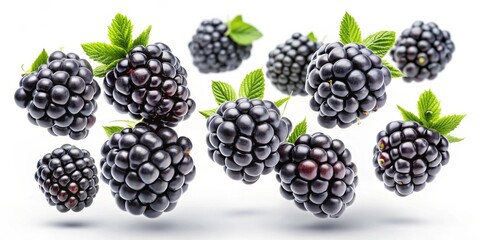 Dynamically Scattered Blackberries Luscious Plump Fruits in Motion on White Background - Freshness and Energy Concept for Food Design and Advertising