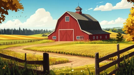 Sticker - Red Barn in a Sunny Rural Landscape