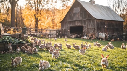 Sticker - A herd of rabbits playing in a field, with a barn in the background, during a sunny afternoon