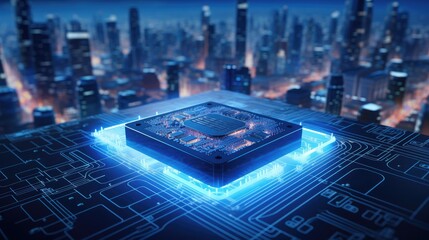 Wall Mural - A glowing computer processor sits on a circuit board in front of a city skyline.