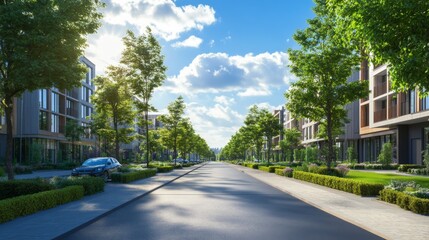 Poster - A wide, modern boulevard with beautifully landscaped medians, contemporary buildings, and neatly trimmed greenery under a bright, sunny sky.