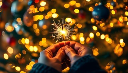 Hand holding lit sparkler in front of Christmas tree adorned with colorful ornaments and twinkling lights, celebrating holiday spirit and winter traditions