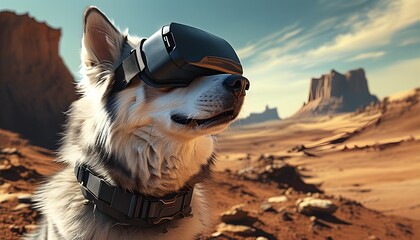 Wall Mural - Husky Dog Experiencing Virtual Reality on Martian Landscape Embracing Technology and Space Exploration