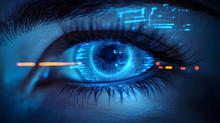 Wall Mural - A closeup of a blue digital cyber electronic light beam on a human eye