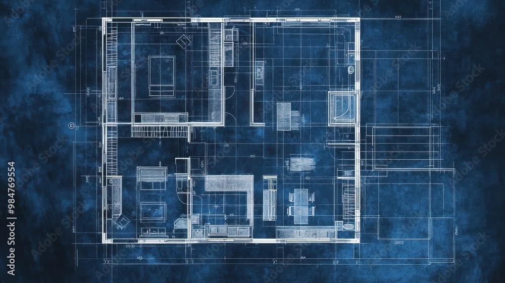Architectural blueprint of a modern house layout, featuring detailed ...