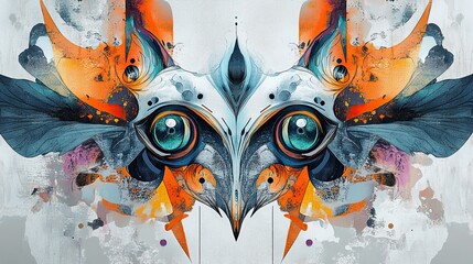 Wall Mural - A colorful painting of a bird with blue eyes and orange feathers. The painting is abstract and has a lot of detail