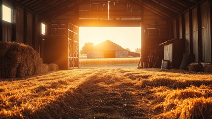 Poster - Golden Hay Barn at Sunset