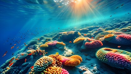 Vibrant Coral Reef Teeming with Tropical Fish Illuminated by Sunlight, Celebrating Marine Biodiversity and Underwater Ecosystem