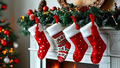 Wall Mural - Festive Christmas Stockings Adorning a Beautifully Decorated Fireplace Mantel