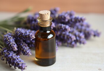 Vintage apothecary bottle of lavender essential oil with a cork