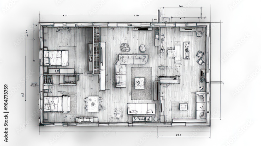 Detailed architectural floor plan of a modern house layout, showcasing ...