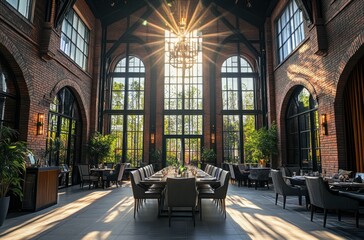 Poster - Modern Restaurant Interior with Large Windows and Sunbeams