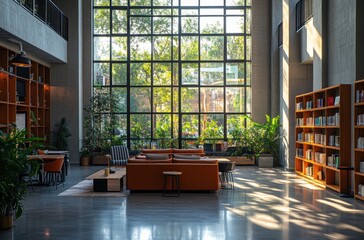 Wall Mural - Modern Interior Design with Large Window and Bookshelves