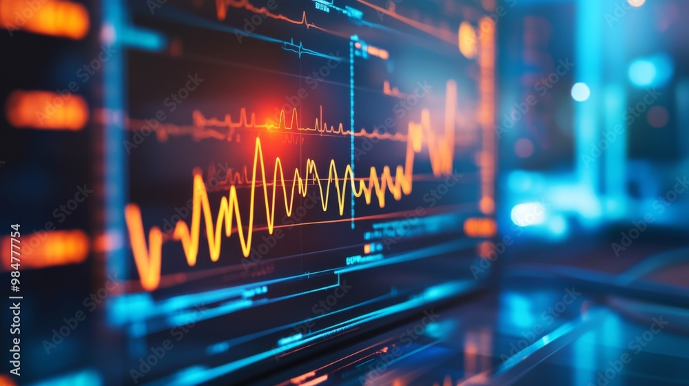 An ECG monitor showing a heart rate waveform with normal and abnormal ...