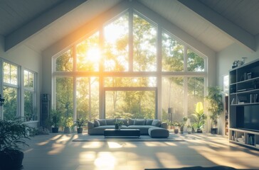 Wall Mural - Sunlight Streaming Through Large Windows in a Modern Home