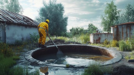 A male worker in a bright yellow hazmat suit collects water from a circular tank amid overgrown vegetation.