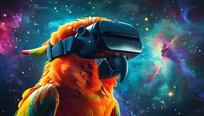 Parrot Embracing Technology in a Vibrant Galaxy, Exploring Space with Virtual Reality Glasses in a Futuristic Scene