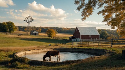 Sticker - Cow Drinking from a Pond on a Farm