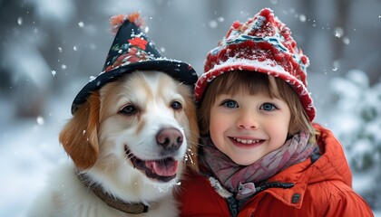 Joyful winter celebration with Caucasian children and dogs wearing holiday hats amidst a snowy landscape