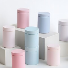 Poster - Aesthetic arrangement of pastel-colored cylinders on light pedestals, perfect for packaging, design elements, or decor.