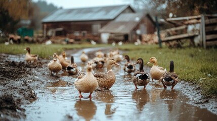 Wall Mural - Ducks Walking in Mud